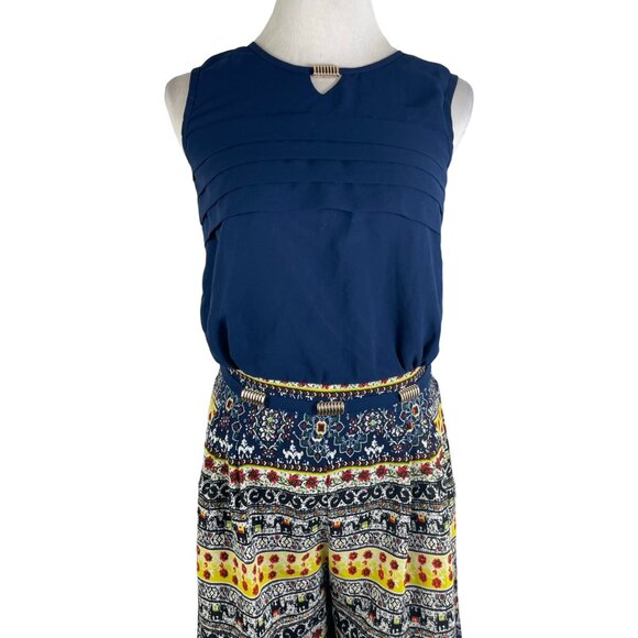 CELSIUS Jumpsuit Navy Blue Print Pants Elephant Wide Legs NWOT  Size 38 US 6 - Picture 7 of 7